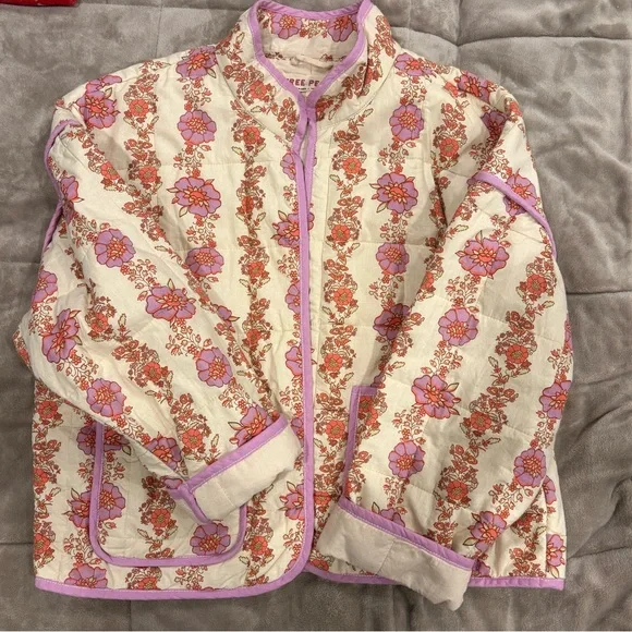 Free People Floral Quilted Puffer Jacket - Cream and Pink - Picture 2 of 4